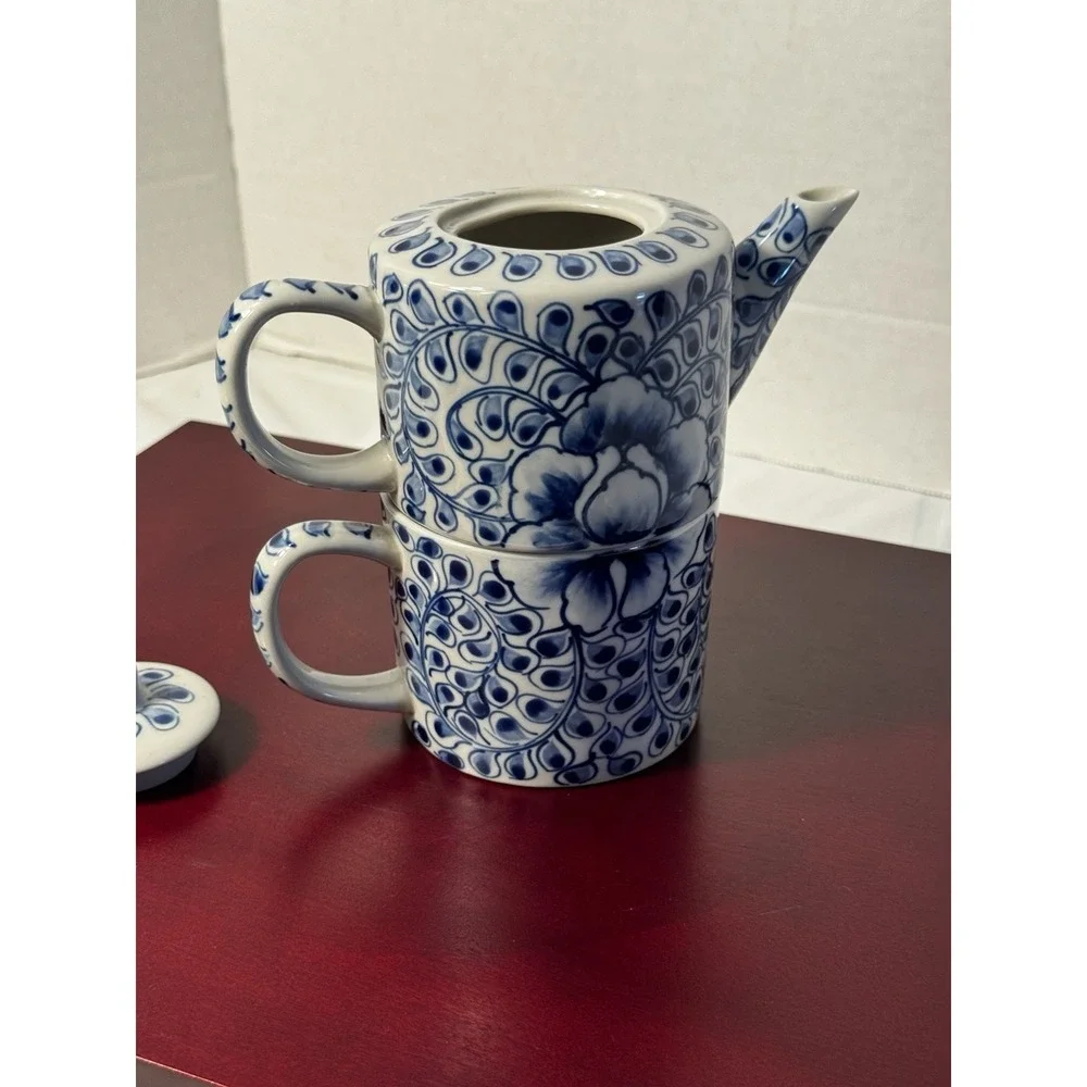Blue and White Floral Tea-for-One Set Delft Style Tea Pot and Cup